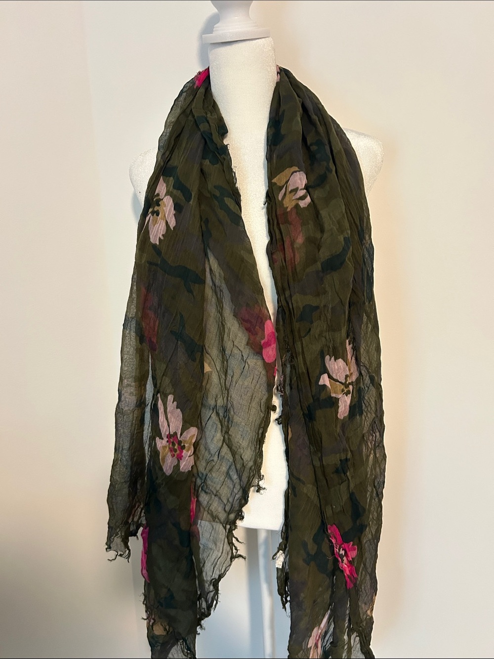 GAP Olive Green Floral Wrap Scarf with Pink Accents